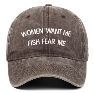 Vintage distressed baseball cap featuring Women Want Me Fish Fear Me embroidery