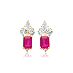 Elegant S925 silver needle luxury rectangular pink zircon stud earrings in gold finish