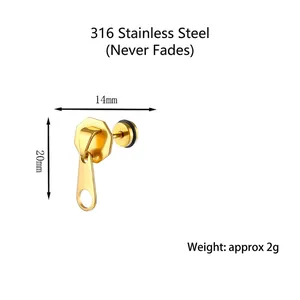 Punk style golden zipper pull earring in 316 stainless steel, 20mm x 14mm size