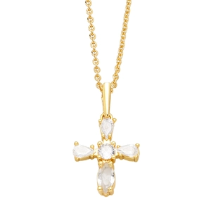 Elegant gold cross pendant necklace with sparkling pear-shaped zircons on white background