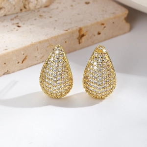 Elegant gold-plated teardrop earrings with micro-pave white zircon on natural stone base