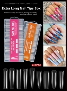 Macro view of 240pcs XXXL long soft gel nail tips in 12 sizes with clear texture