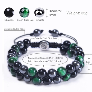 Double layer 8mm green tiger eye and obsidian bead bracelet with hematite accents