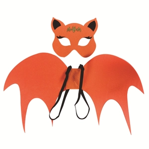 Detail of orange cat mask and bat wings set for Halloween kids party costumes