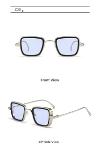 Front and 45-degree angle views of retro square sunglasses with gold metal frames