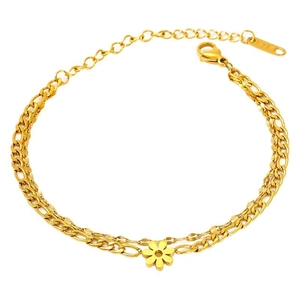 Double-layered 18K gold plated stainless steel bracelet with petal charm and figaro chain
