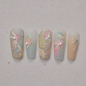 Chinese style ballet nail press-ons with 3D phoenix floral relief and pearls