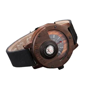 Multifunctional wooden watch with compass dial and dark walnut case on black leather strap