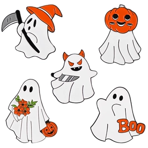 5-piece Halloween enamel pin set with ghost and pumpkin designs in black white orange
