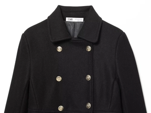 Detail of wool blend coat collar with golden buttons and designer neck label