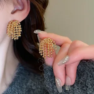 Elegant Gold Plated Copper Tassel Earrings With 925 Sterling Silver Earring Post Firework Beaded Chain Fashion Jewelry
