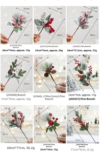 Detail showing various frosted Christmas pine branches with red berries and pinecones