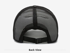 Rear view of black mesh baseball cap showing breathable hex fabric and snapback closure