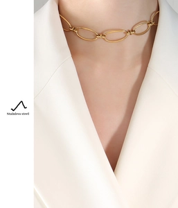 Close-up of golden stainless steel chain necklace worn on model's neck with white blazer
