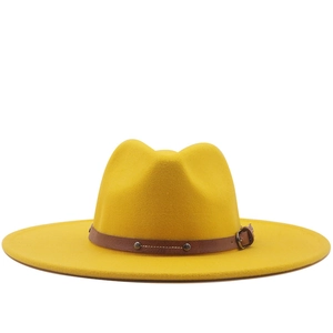 Classic bright yellow wool fedora hat with a wide 9.5cm brim and buckled leather band