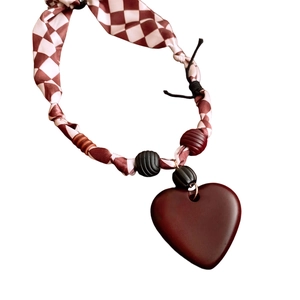 Retro fabric heart pendant necklace with red checkered ribbon and wooden beads decor