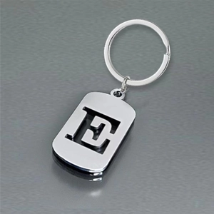 Minimalist polished stainless steel keychain with hollow letter D pendant on gray background