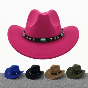 Western Cowboy Hat Wool Felt Wide Brim Fedora With Leather Band Turquoise Metal Rivets Ethnic Vintage Style