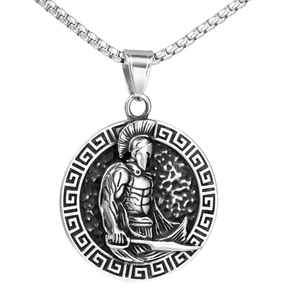 Vintage Spartan warrior silver stainless steel medallion pendant necklace with box chain