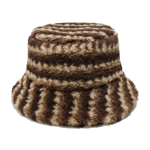 Winter faux fur bucket hat with brown and tan gradient stripes in warm plush texture