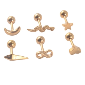 Set of 6 gold stainless steel studs featuring moon, snake, star, and heart shapes