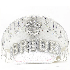 Sparkly white sequin bride captain hat with rhinestone fringe and BRIDE lettering