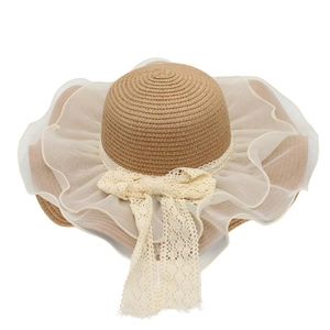 Detailed close-up of woven straw texture and delicate white lace ribbon on the sun hat