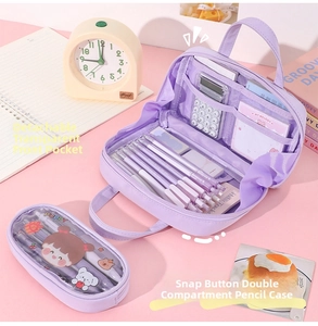 Large capacity lavender pencil case with multiple compartments and detachable front pocket
