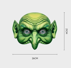 Detailed view of green goblin mask showing latex texture and 26cm by 21cm dimensions