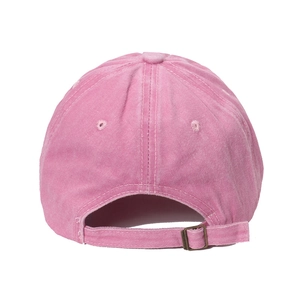Detailed back view of pink washed cotton baseball cap with adjustable metal strap buckle