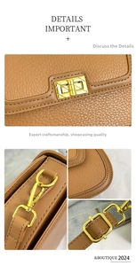 Détail du sac en cuir grainé marron avec fermoir doré et coutures de précision
