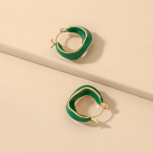 Vintage green enamel irregular hoop earrings with gold-plated metal border for women