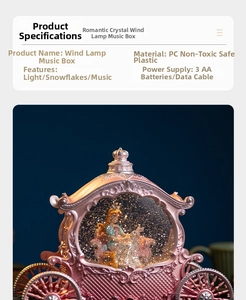 Macro shot of pink princess carriage music box with internal warm lights and snow detail