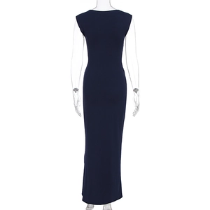 Close-up of dark blue sleeveless bodycon dress in ribbed knit fabric with back view detail