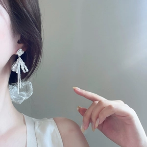 Elegant silver flower tassel earrings with crystal beads worn by a female model