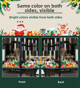 Detailed view of double-sided Christmas glass stickers featuring Santa and reindeer motifs
