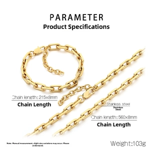 Polished 18K gold-plated stainless steel chain necklace and bracelet jewelry set details
