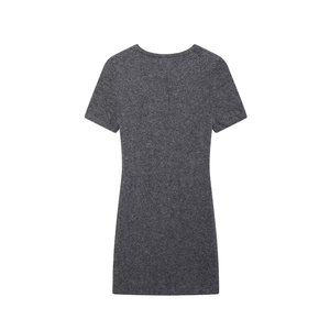 Detailed back view of a dark grey knit short sleeve bodycon dress with textured fabric