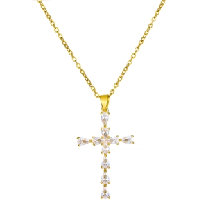Minimalist gold cross necklace for women featuring sparkling zircon water drop stones