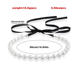 Detailed sizing of vintage pearl choker with black ribbon ties and 16.5g weight specs