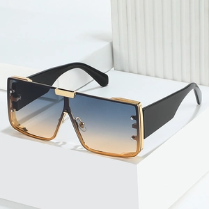 Square oversized sunglasses with metal frames and blue-orange gradient lenses