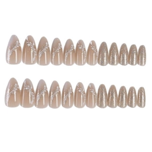 24pcs almond nude press-on nails with white floral patterns and silver glitter accents