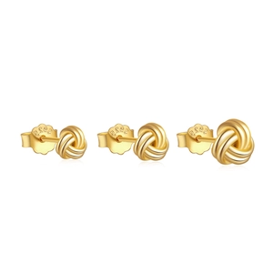 Three sizes of 925 sterling silver gold knot stud earrings arranged on white background