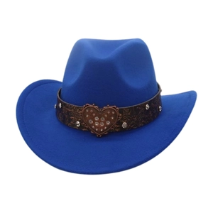 Detail of dark blue felt cowboy hat with vintage leather band and heart buckle