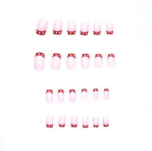 24pcs short square press-on nails with red French tips and white star patterns
