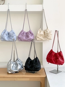 Pleated Underarm Bag PU Leather Bowknot Decor Chain Strap Solid Color Fashion Women Shoulder Bag