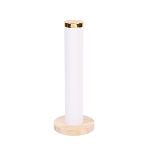 Vertical white velvet scrunchie display stand with wood base and gold metal cap