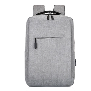 Business laptop backpack in grey polyester with built-in USB port and dual zipper design