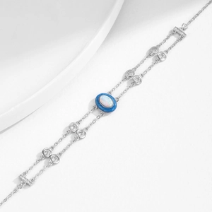 Exquisite S925 sterling silver double chain bracelet with blue opal and sparkling crystals