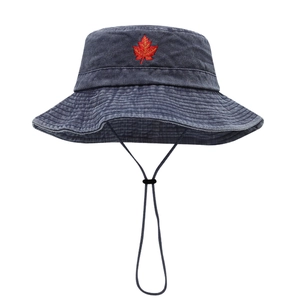 Dark grey bucket hat with red maple leaf embroidery and adjustable drawstring strap